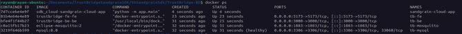 docker ps output listing five TrustBridge containers.